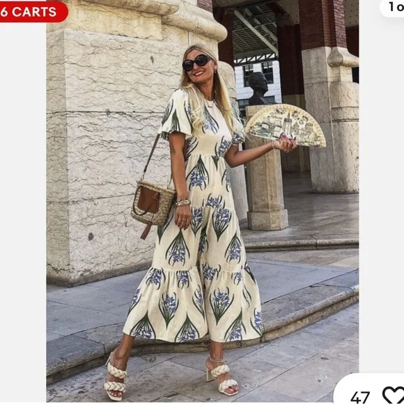 Zara Ecru Floral Linen Cotton Midi Dress Open Back Size Small - Picture 5 of 13